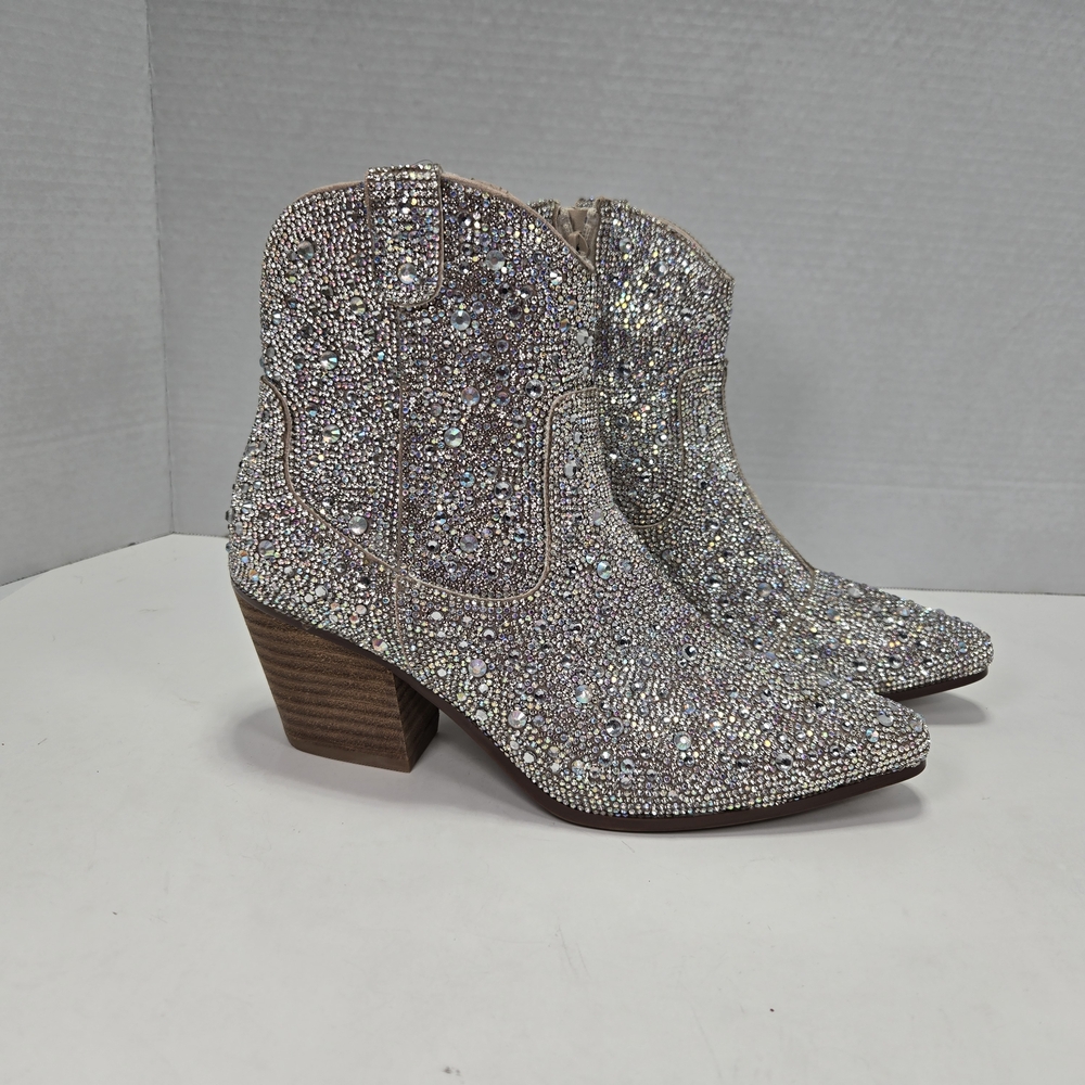 Sincerely Jules Silver Rhinestone Shimmering Cowboy Cowgirl Ankle Booties Size 7 - Picture 3 of 14